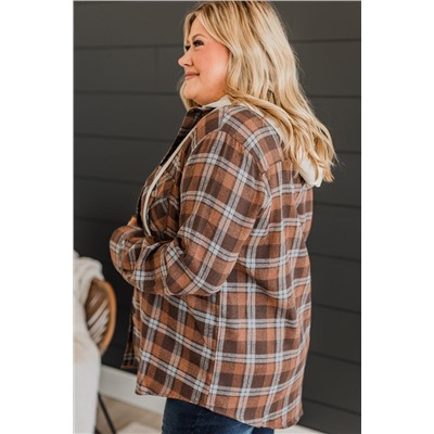 Brown Plus Size Plaid Contrast Button up Hooded Jacket