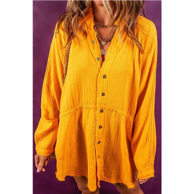 Oversized Crinkled Frayed Hem Tunic Shirt