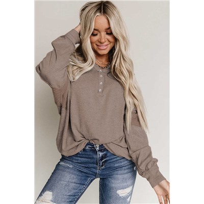 Chestnut Waffle Patchwork Dolman Sleeve Henley Top