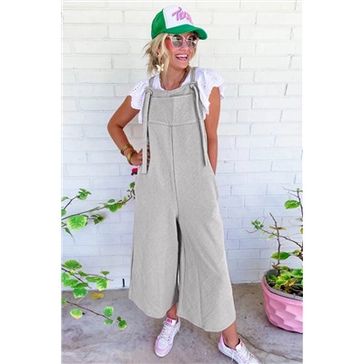 Light Grey Textured Self-Tie Strap Wide-Leg Overalls