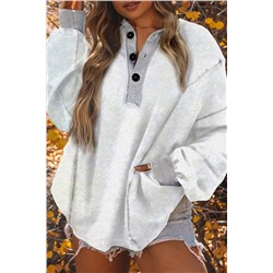 White Textured Side Pockets Buttoned Neckline Sweatshirt