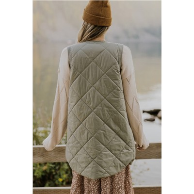 Grass Green Quilted Long Vest Jacket with Pockets