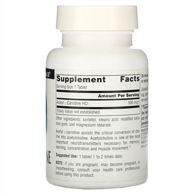 Source Naturals, ацетил-L-карнитин, 500 мг, 60 таблеток