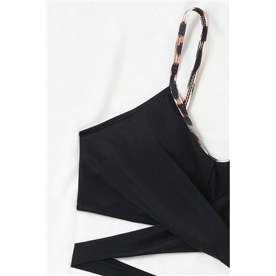 Black Leopard Splicing Criss Cross Tie Spaghetti Straps  High Waisted Bikini