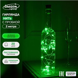 Гирлянда «Нить» 2 м роса с пробкой, IP44, серебристая нить, 20 LED, свечение зелёное, фиксинг, солнечная батарея