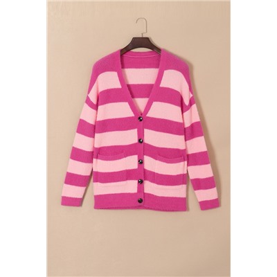 Strawberry Pink Colorblock Striped Buttoned Fuzzy Cardigan