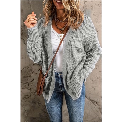 Gray Solid Color Textured Knit Pocket Open Front Cardigan