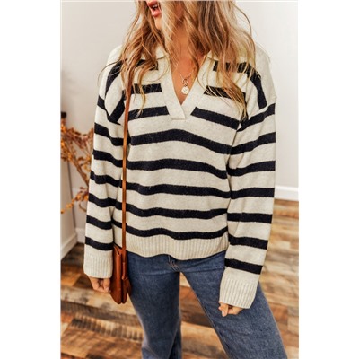 Apricot Striped Knit Drop Shoulder Collared V Neck Sweater