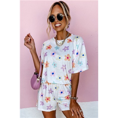 White Flower Print Short Sleeve High Waist Two Piece Shorts Set