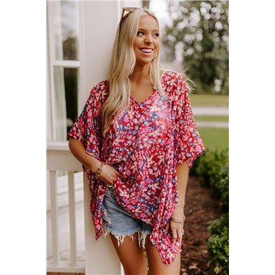 Red Abstract Floral Print Oversize Tunic Top