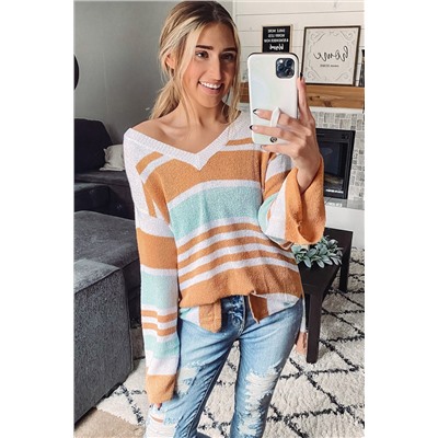 Multicolor Colorblock Stripe Long Sleeve Split Sweater