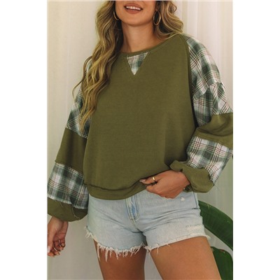 Green Plaid Patch Waffle Knit Exposed Seam Bubble Sleeve Top