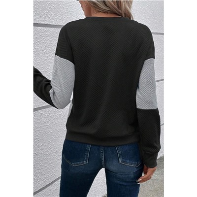 Black Color Block Textured Drop Shoulder Top