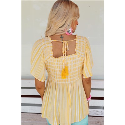 Yellow Striped Print Smocked Flowy Blouse