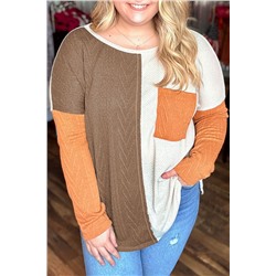 Chestnut Plus Size Color Block Textured Patchwork Top with Pocket