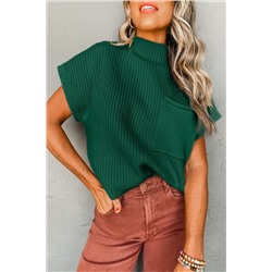 Blackish Green Patch Pocket Ribbed Knit Short Sleeve Sweater