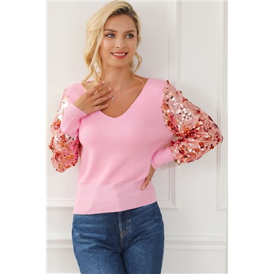 Pink Contrast Sequin Sleeve V Neck Ribbed Knit Sweater