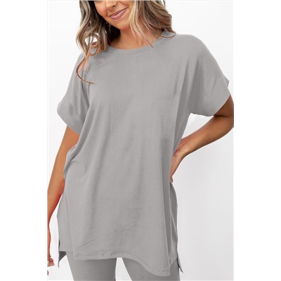 Gray Solid Split Hem Tunic Tee and Tight Shorts Set