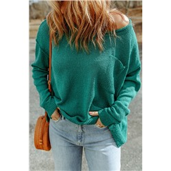 Green Solid Color Off Shoulder Rib Knit Sweater with Pocket