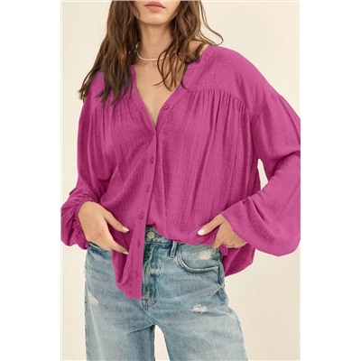 Rose Solid Color Jacquard Puff Sleeve Button up Shirt