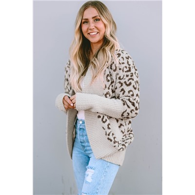 Khaki Fuzzy Leopard Ribbed Trim Lapel Collar Cardigan