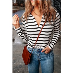 Stripe Collared V Neck Lightweight Knit Casual Sweater