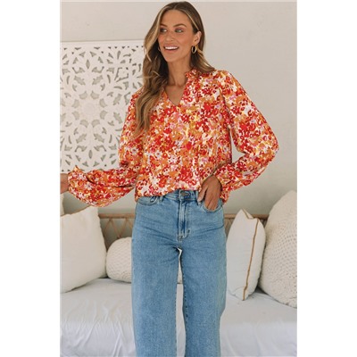 Grapefruit Orange Frilled Split Neck Bubble Sleeve Floral Blouse