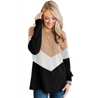 Black Color Block Corded Texture Long Sleeve Top