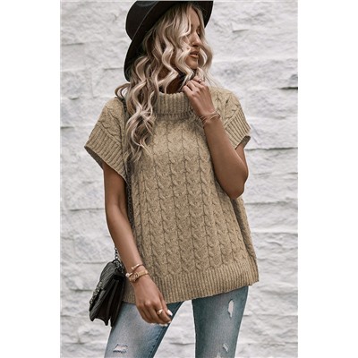 Light French Beige Cable Knit Turtleneck Batwing Sleeve Sweater