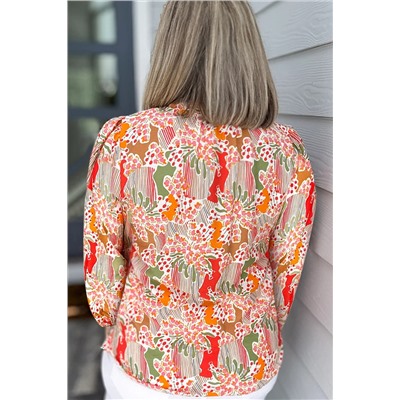 Orange Printed Floral Abstract Print Frilled V Neck Plus Size Blouse