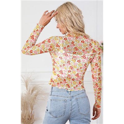 Multicolor Floral Lettuce Hem Long Sleeve Top