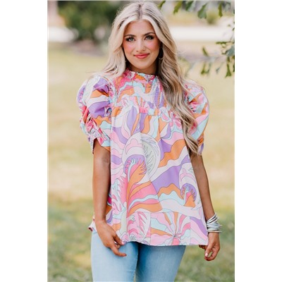 Pink Abstract Print Bubble Sleeve Smock Detail Blouse