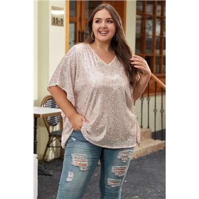 Apricot Plus Size Sequined V Neck Boxy Top