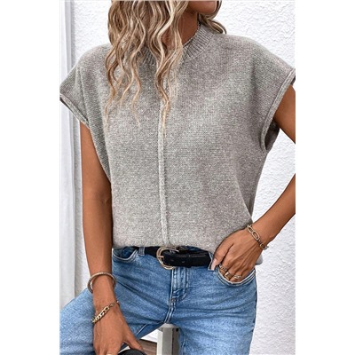 Gray Crew Neck Center Seamed Short Sleeve Sweater