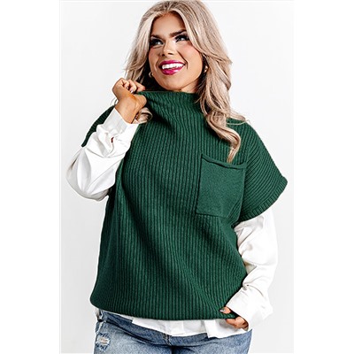 Jungle Green Plus Size Mock Neck Chest Pocket Short Sleeve Sweater
