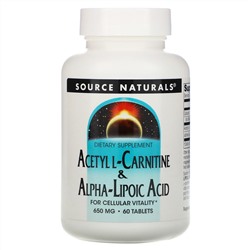 Source Naturals, ацетил-L-карнитин и альфа-липоевая кислота, 650 мг, 60 таблеток