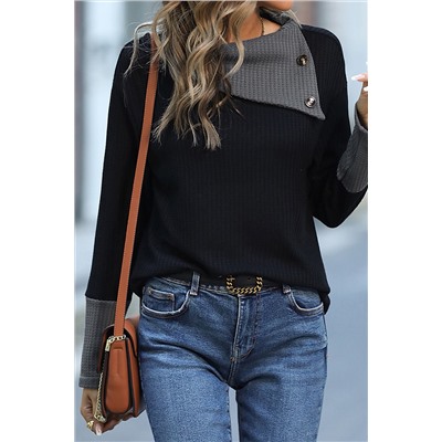 Black Waffle Knit Patchwork Colorblock Asymmetrical Neck Top