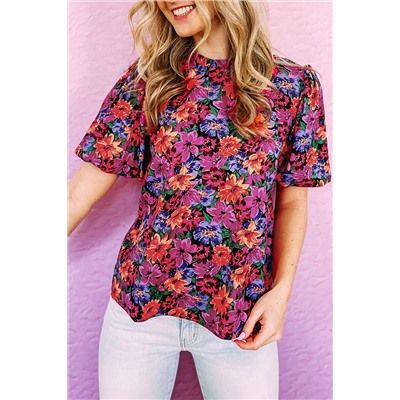 Multicolor Floral Print Round Neck Puff Sleeve Blouse