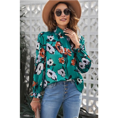 Floral Print Smocked Mock Neck Blouse