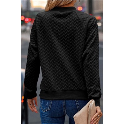 Black Solid Textured Raglan Sleeve Pullover Sweatshirt