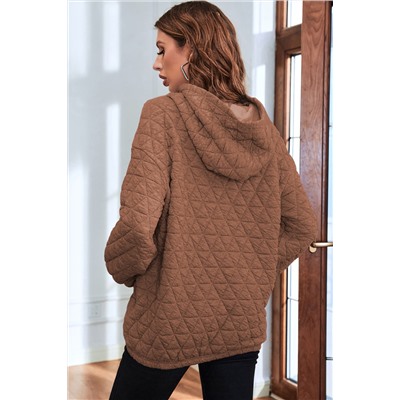 Coffee Solid Color Quilted Kangaroo Pocket Hoodie