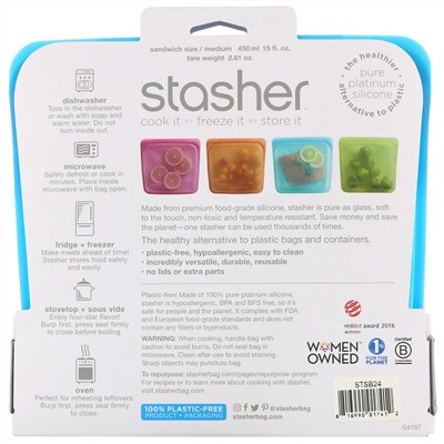 Stasher, Reusable Silicone Food Bag, Sandwich Size/Medium, Blueberry, 15 fl oz (450 ml)