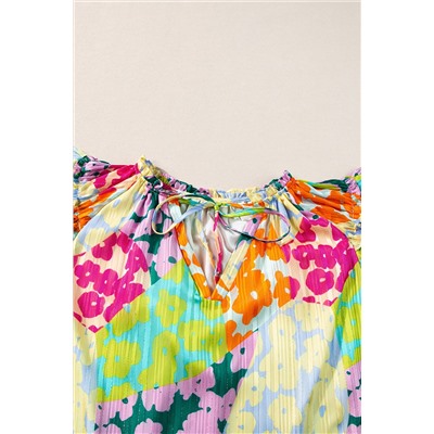 Multicolour Leopard Flutter Sleeve V Neck Crinkled Blouse