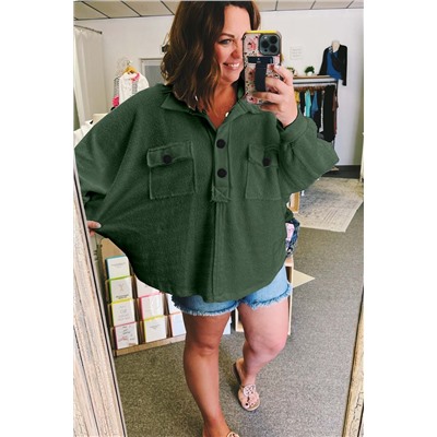 Blackish Green Plus Size Long Sleeve Flap Pocket Henley Top