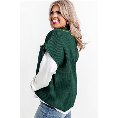 Jungle Green Plus Size Mock Neck Chest Pocket Short Sleeve Sweater