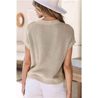 Pale Khaki Patch Pocket Short Sleeve Sweater