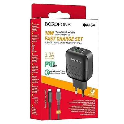 Адаптер Сетевой с кабелем Borofone BA46A Premium PD QC3.0 USB/Type-C 3A/18W (Lightning/Type-C) (black)