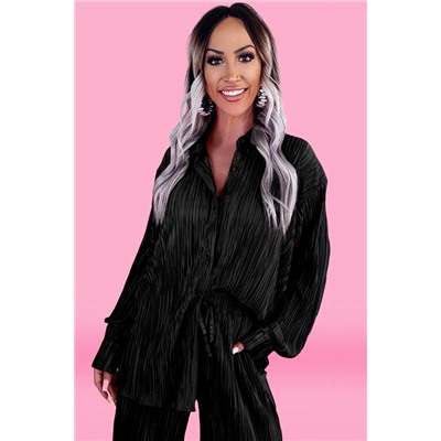 Black Pleated Long Sleeve Shirt and Wide-Leg Pants Set