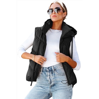 Black Sleek Quilted Puffer Hooded Vest Coat