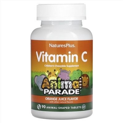 Nature's Plus, Source of Life, Animal Parade, витамин C, вкус натурального апельсинового сока, 90 таблеток в форме животных